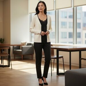 Misook Ribbed 1 Button Ivory Knit Black Trim Cardigan Sweater Jacket SZ M